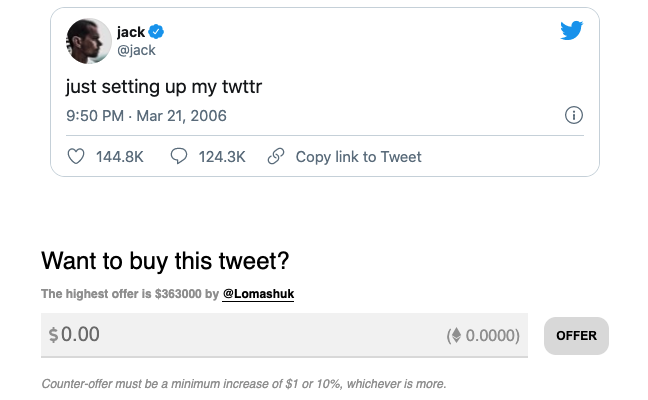 Twitter boss auctions first tweet for almost $ 400,000