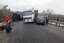 In Cherkasy area collided two trucks and a car. The road is blocked 