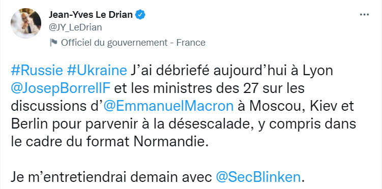 French Foreign Minister to hold talks with Blinken on the situation on the Ukrainian border