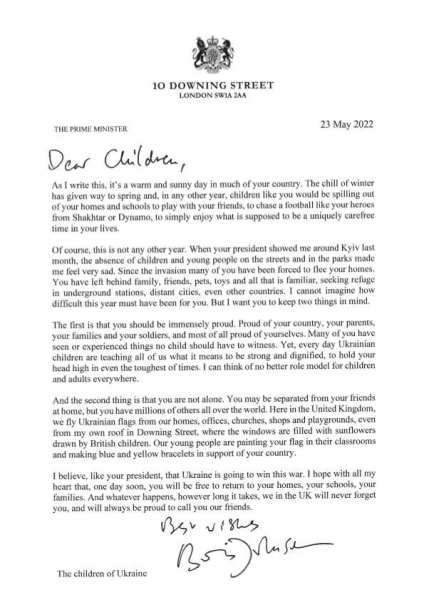 Johnson wrote letter to Ukrainian children: assured that Ukraine will win the war