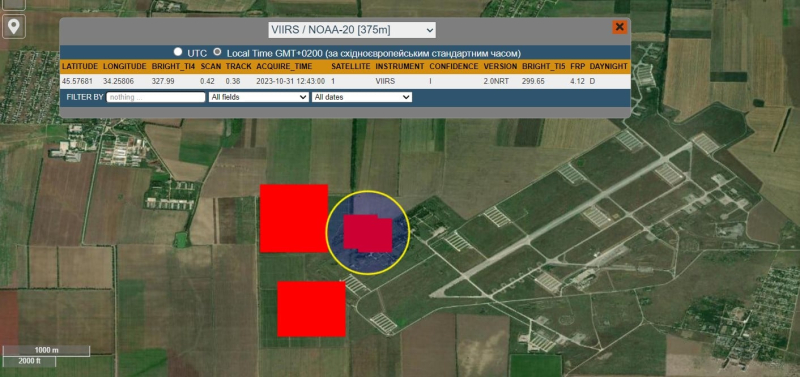 NASA satellite photos showed a fire near an airfield in Crimea