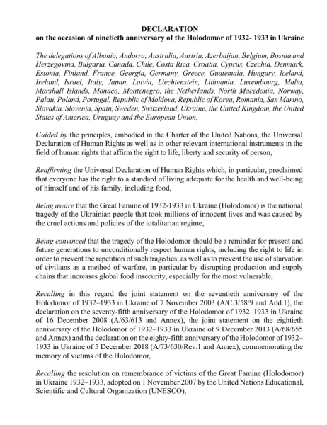 Reminder of atrocities: declaration on the anniversary of the Holodomor was signed by 55 countries