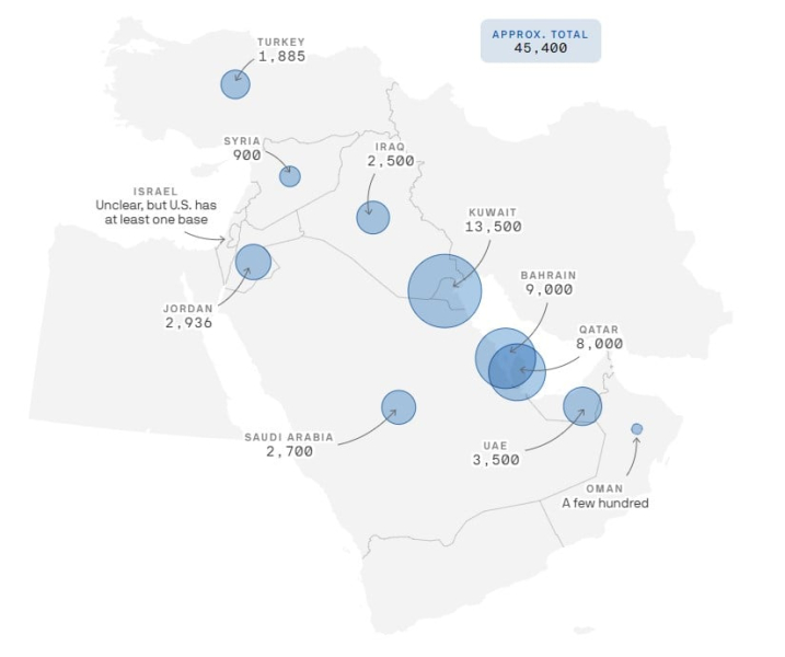 Where are US troops located in the Middle East: map and numbers