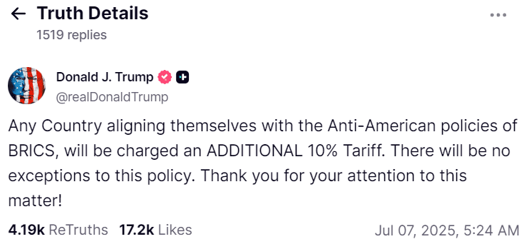 Another 10%: Trump Threatens Additional Tariffs on Countries That Support BRICS Photo 1