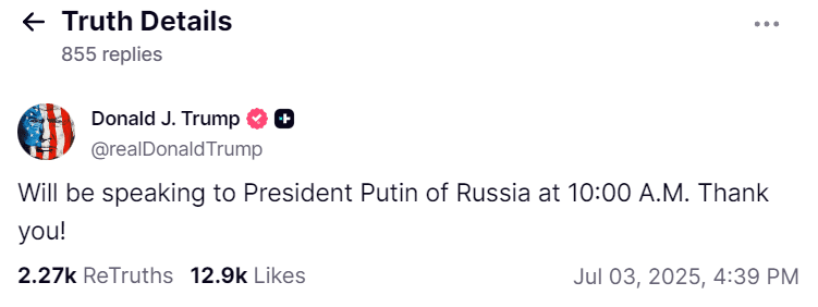 Trump announces new call to Putin Photo 1